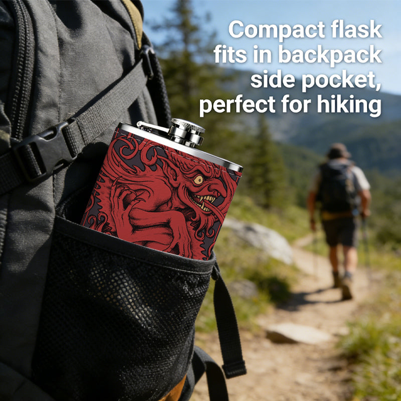 Red carved mythical creature pattern 1pc 8oz -Wrapped Portable Camping Flask, Stainless Steel Flat Liquor Bottle for Outdoor Use