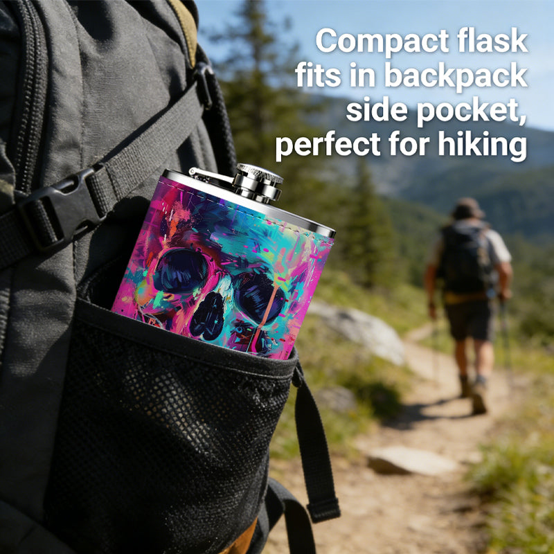 Neon glitch art stylized skull 1pc of a Portable Flask, a Small Stainless Steel Liquor Flask, 8-Ounce Capacity, Suitable for Outdoor And Home Use