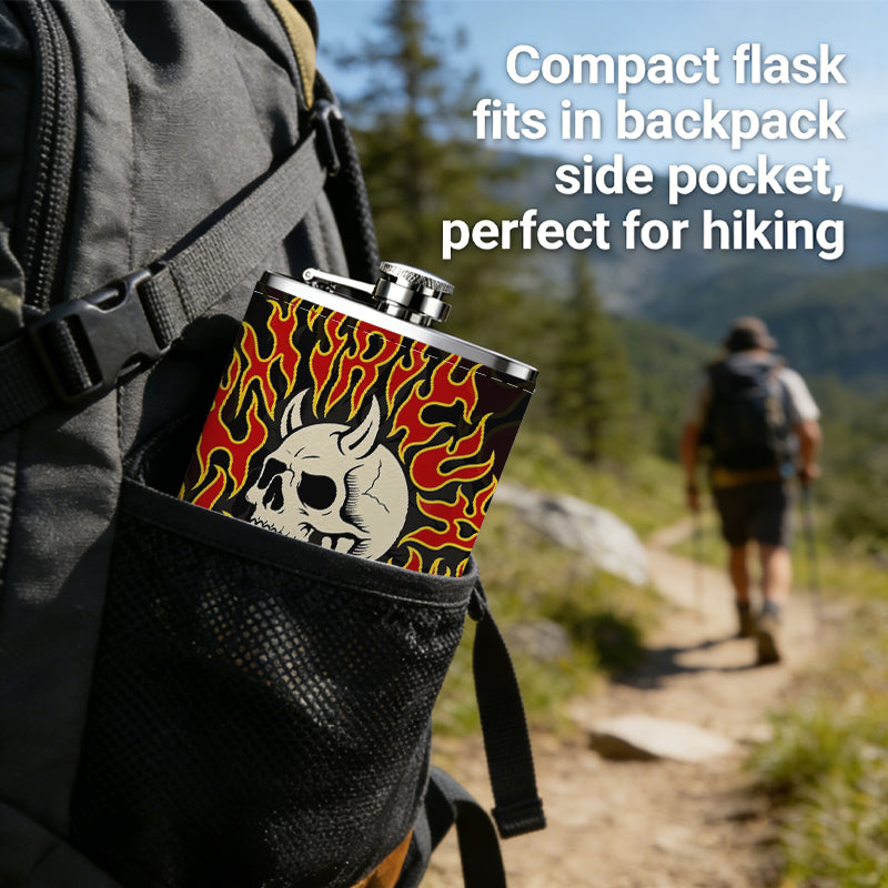 Skull with horns and red flames 1pc of a Portable Flask, a Small Stainless Steel Liquor Flask, 8-Ounce Capacity, Suitable for Outdoor And Home Use