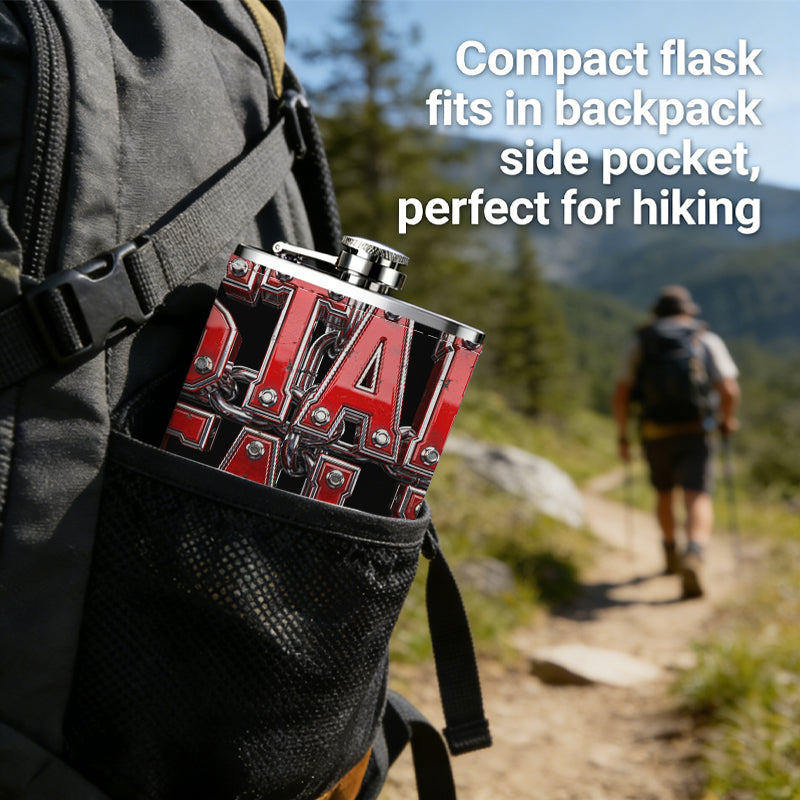 Red "STAR FALL" text on black background Stainless Steel Mini Flask - Design for Valentine's Day, Christmas, Father's Day Gifts - Ideal for Him, Dad, Boyfriend (Compact Travel-Ready)