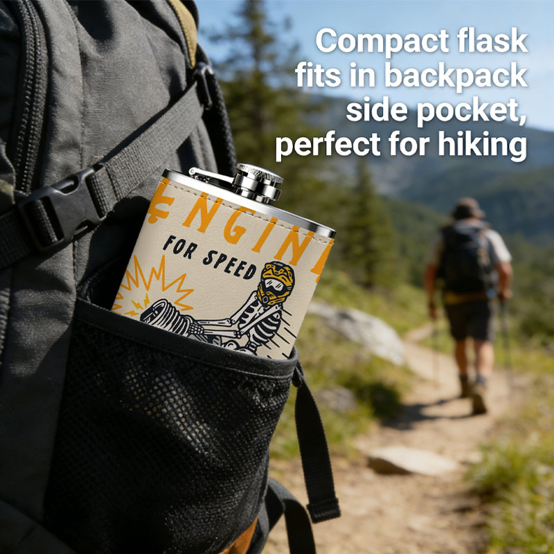 Helmeted skeleton riding motorcycle with text Stainless Steel Mini Flask - Design for Valentine's Day, Christmas, Father's Day Gifts - Ideal for Him, Dad, Boyfriend (Compact Travel-Ready)