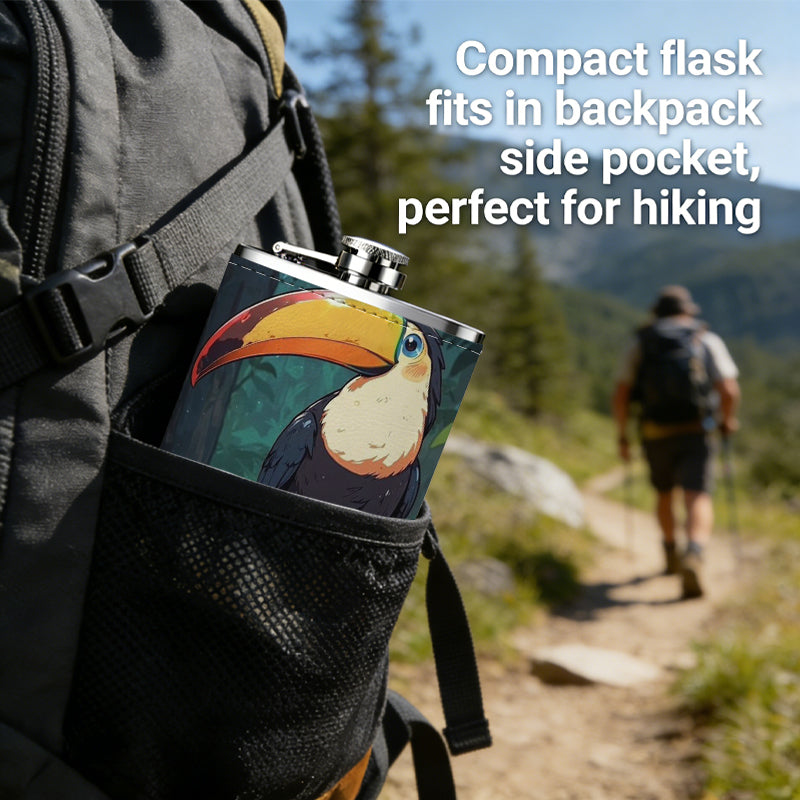 Toucan perched on branch in jungle Stainless Steel Mini Flask - Design for Valentine's Day, Christmas, Father's Day Gifts - Ideal for Him, Dad, Boyfriend (Compact Travel-Ready)