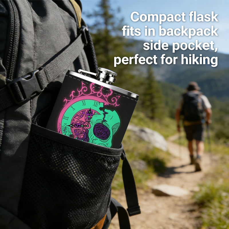 Neon skull and crown on black background 8oz Portable Stainless Steel Hip Flask - Juice Flask - Perfect Gift - Unique Whiskey Flask for Women, Wine Pot Metal - Ideal stainless steel flask for all outdoor activities