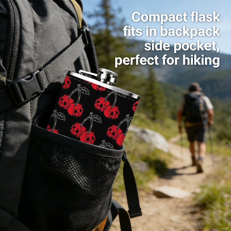 Red cherry patterns on black background 8oz Portable Stainless Steel Hip Flask - Juice Flask - Perfect Gift - Unique Whiskey Flask for Women, Wine Pot Metal - Ideal stainless steel flask for all outdoor activities