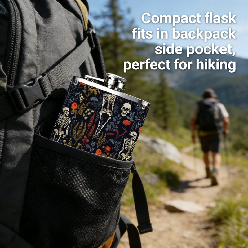 Skeleton pattern on dark background 8oz Portable Stainless Steel Hip Flask - Juice Flask - Perfect Gift - Unique Whiskey Flask for Women, Wine Pot Metal - Ideal stainless steel flask for all outdoor activities