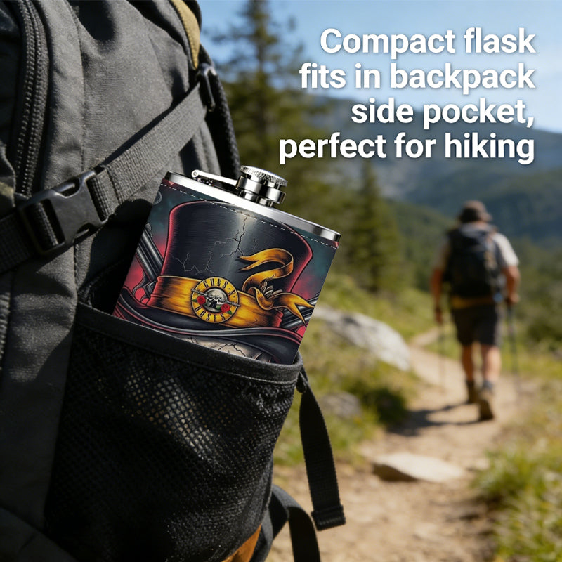 Skull wearing top hat with red roses and text 8oz Portable Stainless Steel Hip Flask - Juice Flask - Perfect Gift - Unique Whiskey Flask for Women, Wine Pot Metal - Ideal stainless steel flask for all outdoor activities