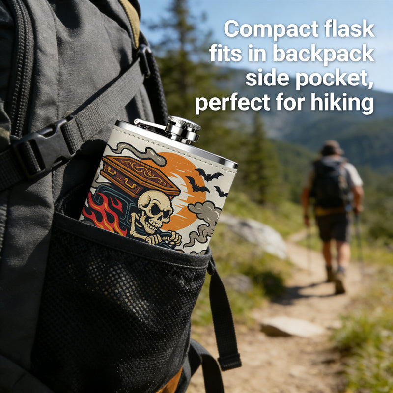 Skull driving a spooky truck with bats and moon 8oz Portable Stainless Steel Hip Flask - Juice Flask - Perfect Gift - Unique Whiskey Flask for Women, Wine Pot Metal - Ideal stainless steel flask for all outdoor activities