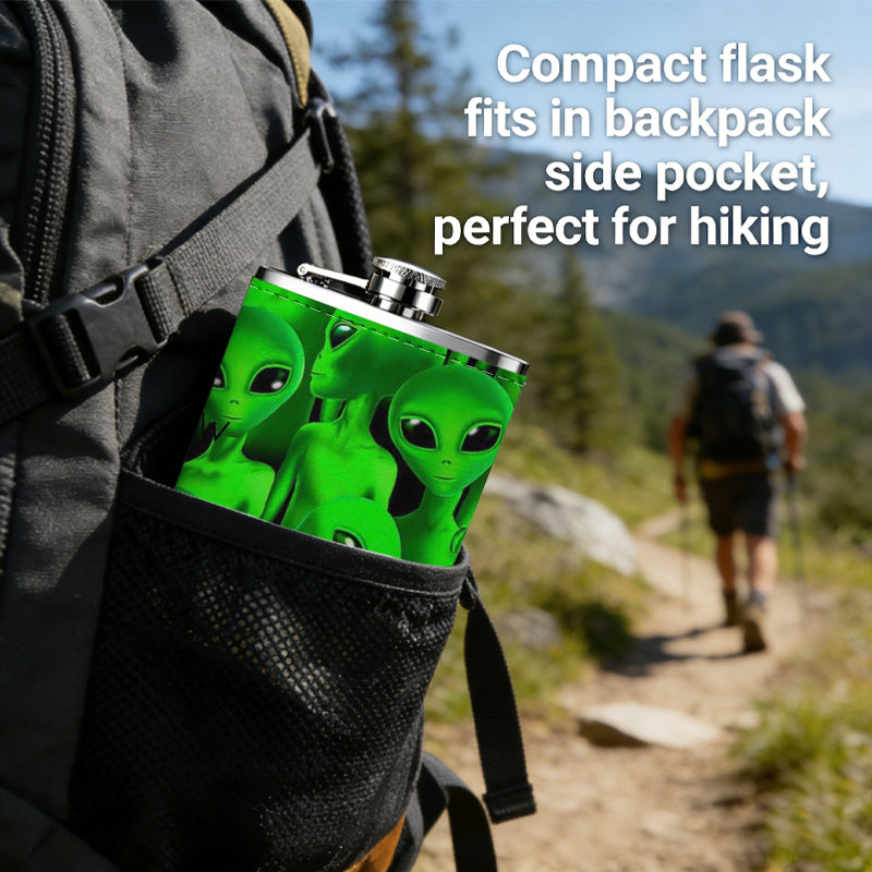 Group of green aliens 8oz Portable Stainless Steel Hip Flask - Juice Flask - Perfect Gift - Unique Whiskey Flask for Women, Wine Pot Metal - Ideal stainless steel flask for all outdoor activities