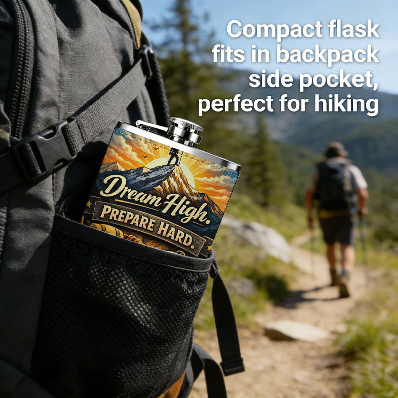 Shield emblem with hiker, mountain and text 8oz Portable Stainless Steel Hip Flask - Juice Flask - Perfect Gift - Unique Whiskey Flask for Women, Wine Pot Metal - Ideal stainless steel flask for all outdoor activities