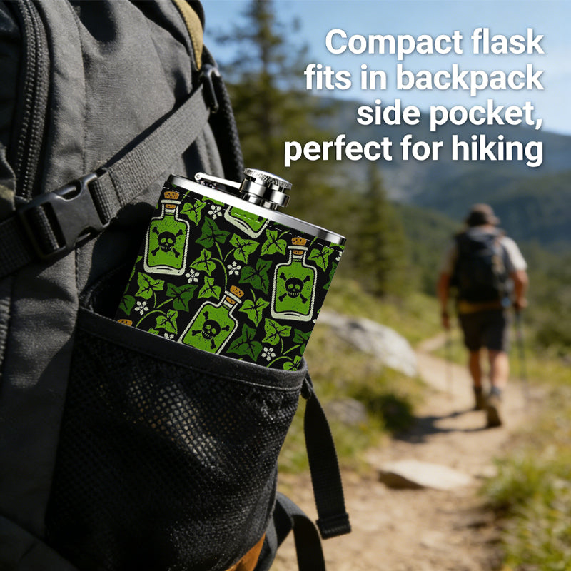 Green square pattern background 304 Stainless Steel 8oz Hip Flask Portable Leak-Proof Pocket Whiskey Flask for Outdoor Camping Hiking