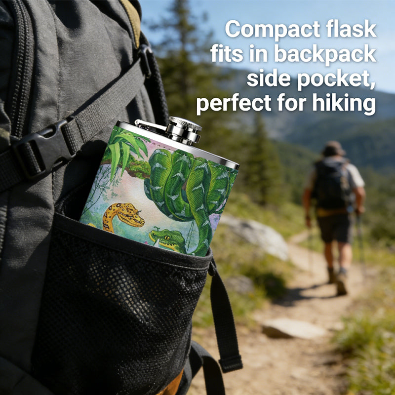 Two snakes in tropical jungle One 8oz Flask – Carries Whiskey, Wine & Juice, Portable Outdoor Gift for Friends