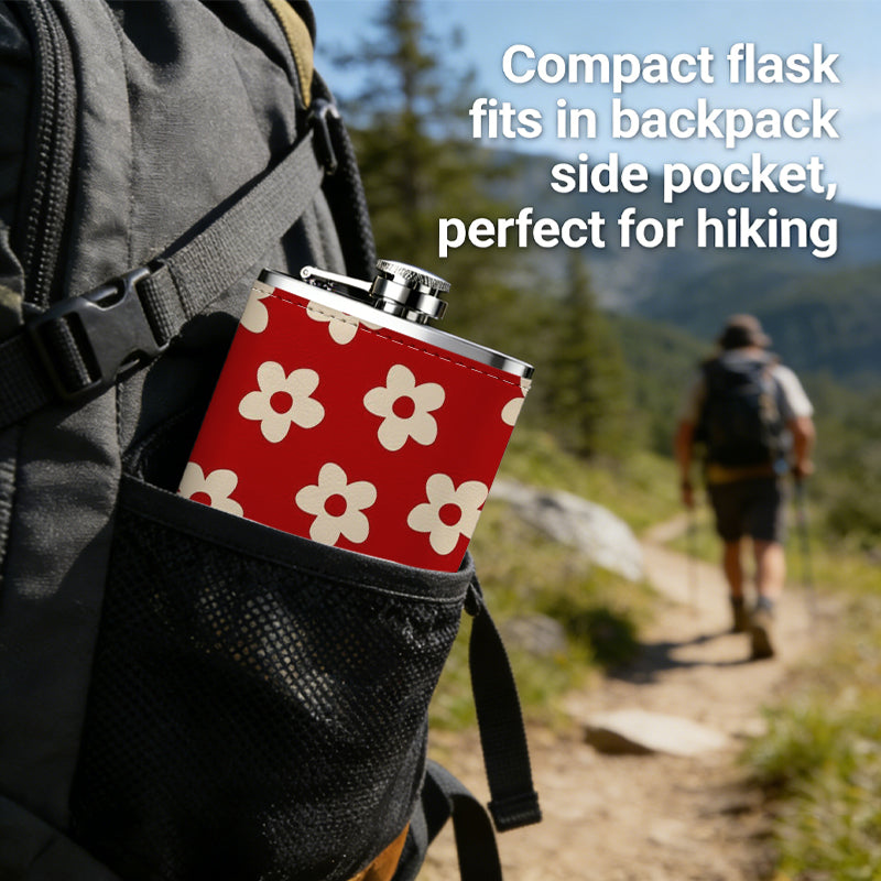 Small white flowers on red background One 8oz Flask – Carries Whiskey, Wine & Juice, Portable Outdoor Gift for Friends