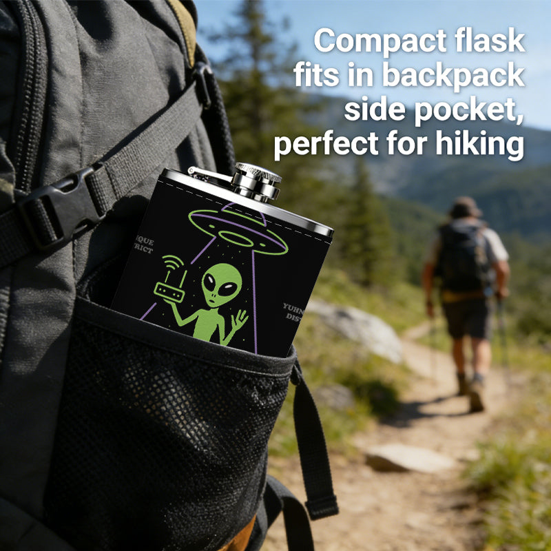Green alien, UFO and WiFi router 8oz Stainless Steel Whiskey Flask with Fashionable pattern print Design - Portable Outdoor Camping & Hunting Flask, Perfect for Tequila, Whiskey, and Spirits - Unique Father'S Day Christmas Gift