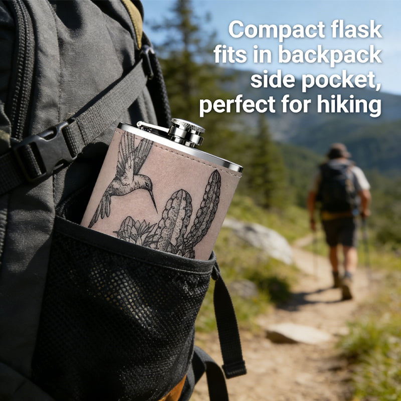 Tattoo of bird and cactus on skin 8oz Stainless Steel Whiskey Flask with Fashionable pattern print Design - Portable Outdoor Camping & Hunting Flask, Perfect for Tequila, Whiskey, and Spirits - Unique Father'S Day Christmas Gift