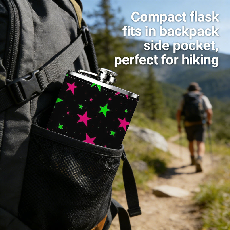 Pink and green glowing star pattern on black background 8oz Stainless Steel Flask - Perfect Pocket Whiskey Holder for Men, Ideal Christian Gift for Friends, Colleagues & Brothers