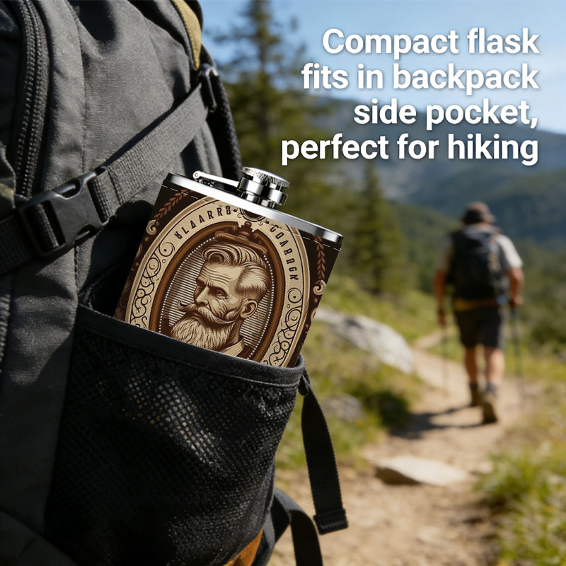 Retro bearded man portrait logo badge 8oz Stainless Steel Flask - Perfect Pocket Whiskey Holder for Men, Ideal Christian Gift for Friends, Colleagues & Brothers