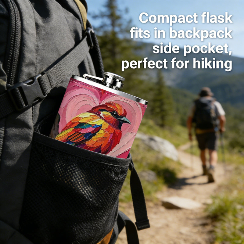 Painting of colorful bird and pink hearts 8oz Stainless Steel Flask - Perfect Pocket Whiskey Holder for Men, Ideal Christian Gift for Friends, Colleagues & Brothers