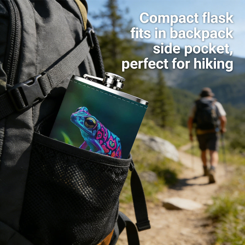 Colorful frog among green plants Stainless Steel Mini Flask 8oz Portable Travel Drinkware, Unique Gift for Golf Enthusiasts, Outdoor Activities, Parties & Special Occasions