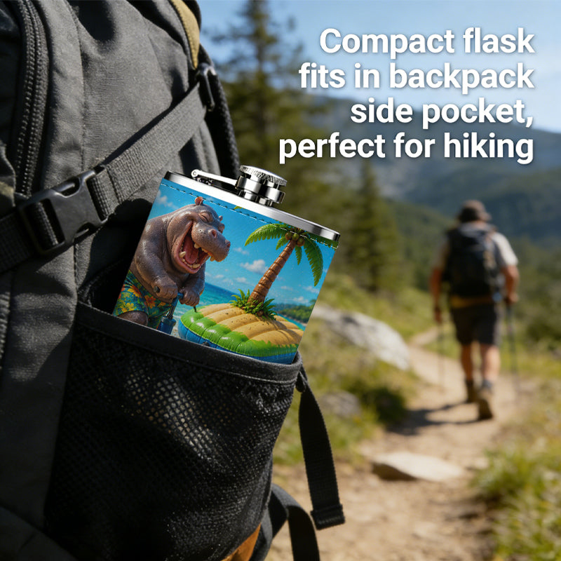 Two cartoon hippos on a tropical beach Stainless Steel Mini Flask 8oz Portable Travel Drinkware, Unique Gift for Golf Enthusiasts, Outdoor Activities, Parties & Special Occasions