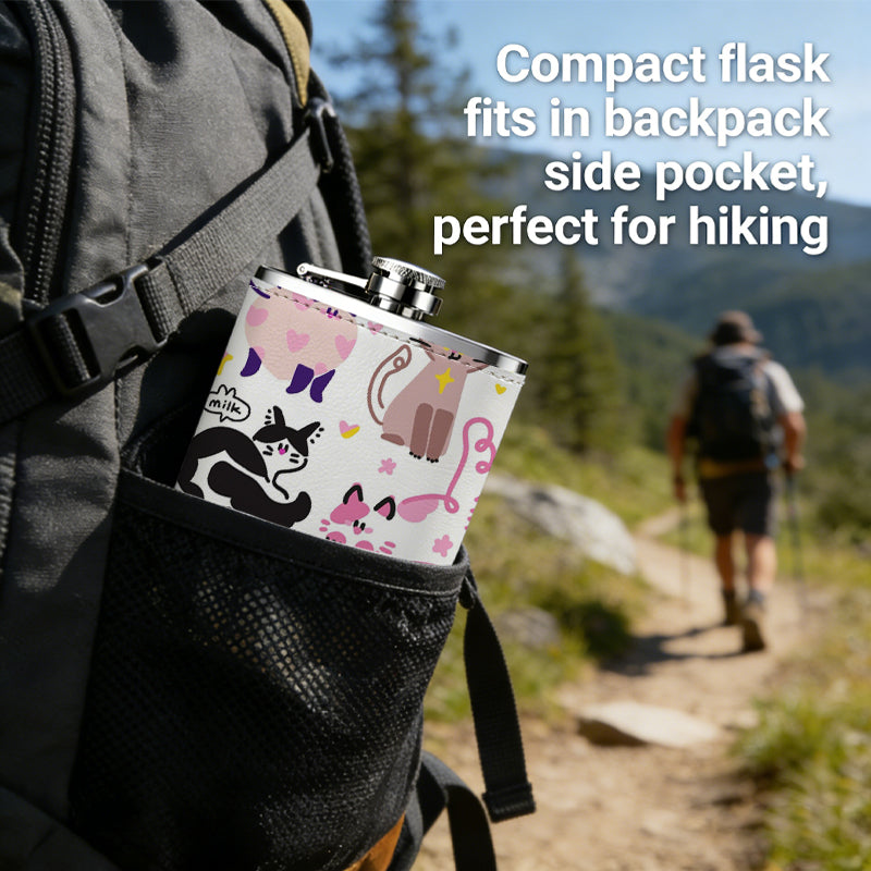 Cute cartoon cat stickers PU Flask, Men's Personalized Water Bottle, Leather Hip Bottle, Groom Gifts, Groom Suggestions, Wedding Party Favors, Best Christmas Gifts, Christmas Gifts, Christmas, Can Be Used in 4 Seasons