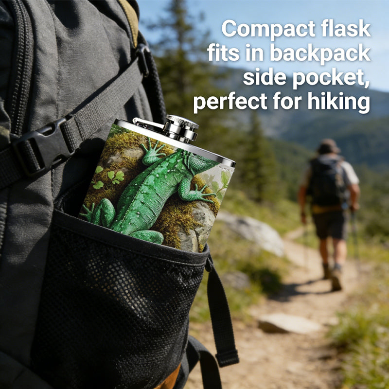 Green lizard on rock with plants PU Flask, Men's Personalized Water Bottle, Leather Hip Bottle, Groom Gifts, Groom Suggestions, Wedding Party Favors, Best Christmas Gifts, Christmas Gifts, Christmas, Can Be Used in 4 Seasons