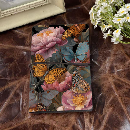 1 Handmade A6 Notebook with Retro Yellow Blank Papers, Tether Closure & Metal Pendant, Metal Hinge Clip for Office with Butterflies and peon