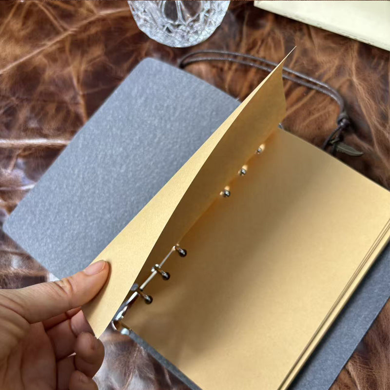 A6 Handmade Notebook, 160 Pages, Metal Loose-leaf, Tether Closure with Metal Pendant, Office Note-taking with Bee, peonies, flowers, leaves