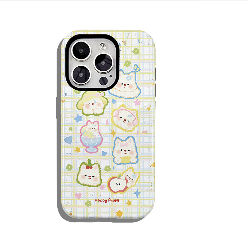 "Happy Puppyのキャラクターデザイン"スマホケース- 耐久性、衝撃吸収性、トレンドの保護機能 - iPhone 16、15、14、13、12、12、Plus、Pro、Max と互換性があり、男性にも女性にも最適です。