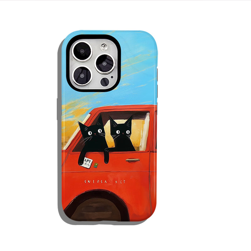 "猫と車のデザイン"スマホケース- 耐久性、衝撃吸収性、トレンドの保護機能 - iPhone 16、15、14、13、12、12、Plus、Pro、Max と互換性があり、男性にも女性にも最適です。