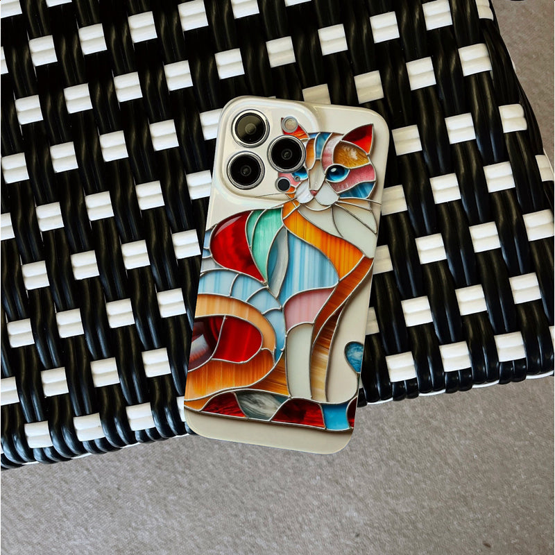 Colorful Stained - Glass Catphone case for iPhone/16/15/14/13/12/160/Plus/Pro/Max Hot sale wholesale customizable pattern cases