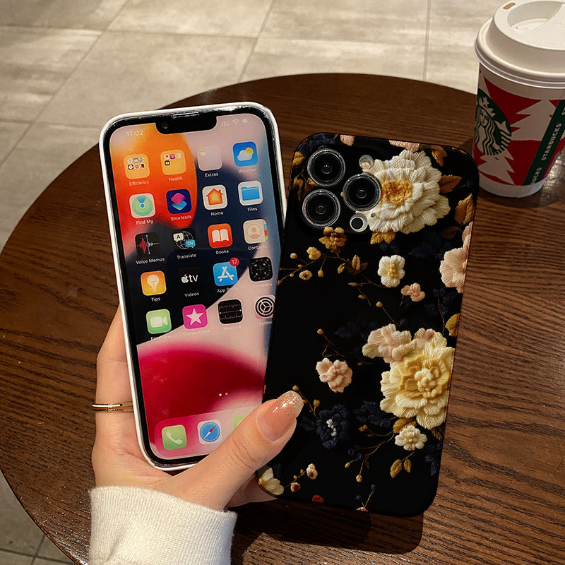 Embroidered Floral Design on Black Backgroundphone case for iPhone/16/15/14/13/12/181/Plus/Pro/Max Hot sale wholesale customizable pattern cases