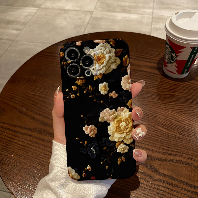 Embroidered Floral Design on Black Backgroundphone case for iPhone/16/15/14/13/12/181/Plus/Pro/Max Hot sale wholesale customizable pattern cases