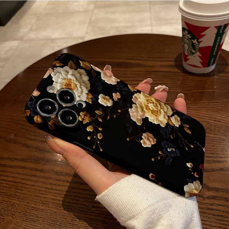 Embroidered Floral Design on Black Backgroundphone case for iPhone/16/15/14/13/12/181/Plus/Pro/Max Hot sale wholesale customizable pattern cases