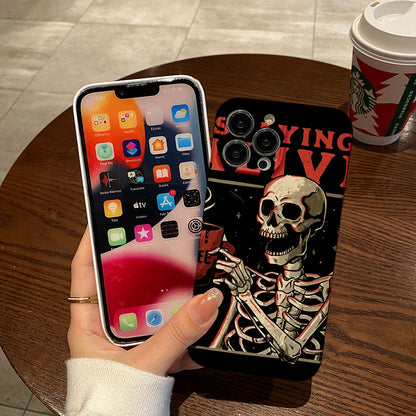 Skeleton Enjoying Coffee with Staying Alive Messagephone case for iPhone/16/15/14/13/12/247/Plus/Pro/Max Hot sale wholesale customizable pattern cases