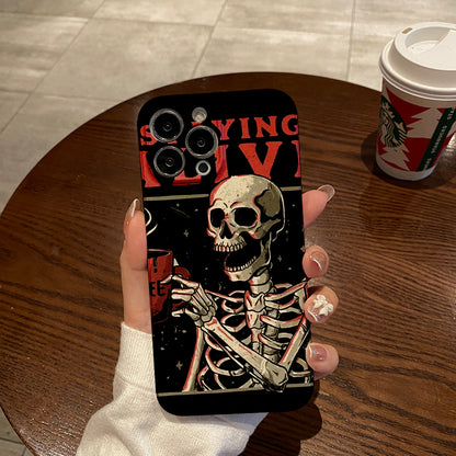 Skeleton Enjoying Coffee with Staying Alive Messagephone case for iPhone/16/15/14/13/12/247/Plus/Pro/Max Hot sale wholesale customizable pattern cases