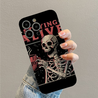 Skeleton Enjoying Coffee with Staying Alive Messagephone case for iPhone/16/15/14/13/12/247/Plus/Pro/Max Hot sale wholesale customizable pattern cases