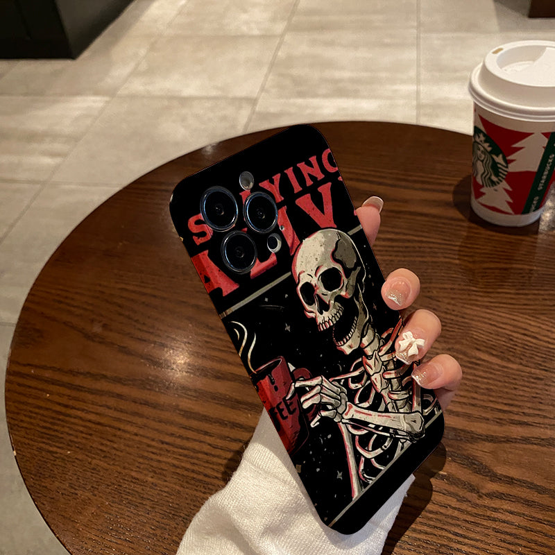 Skeleton Enjoying Coffee with Staying Alive Messagephone case for iPhone/16/15/14/13/12/247/Plus/Pro/Max Hot sale wholesale customizable pattern cases