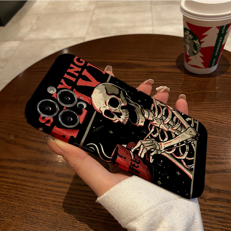 Skeleton Enjoying Coffee with Staying Alive Messagephone case for iPhone/16/15/14/13/12/247/Plus/Pro/Max Hot sale wholesale customizable pattern cases