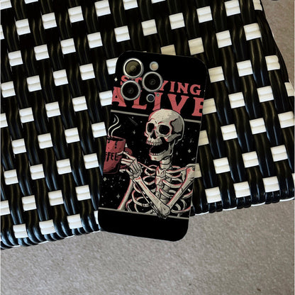 Skeleton Enjoying Coffee with Staying Alive Messagephone case for iPhone/16/15/14/13/12/247/Plus/Pro/Max Hot sale wholesale customizable pattern cases