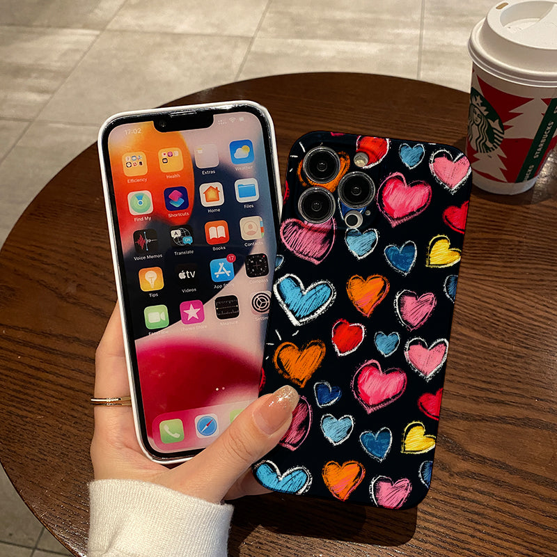 Colorful Hand - drawn Hearts on Dark Backgroundphone case for iPhone/16/15/14/13/12/248/Plus/Pro/Max Hot sale wholesale customizable pattern cases