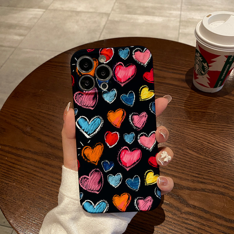 Colorful Hand - drawn Hearts on Dark Backgroundphone case for iPhone/16/15/14/13/12/248/Plus/Pro/Max Hot sale wholesale customizable pattern cases