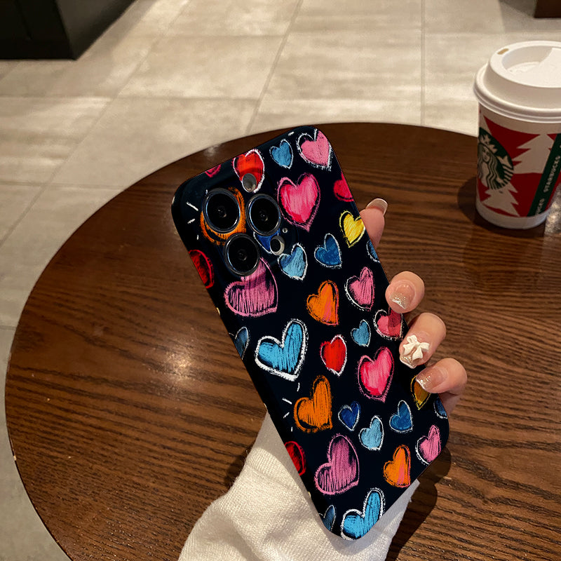 Colorful Hand - drawn Hearts on Dark Backgroundphone case for iPhone/16/15/14/13/12/248/Plus/Pro/Max Hot sale wholesale customizable pattern cases