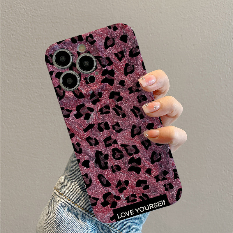 Glittery Pink Leopard Print with 'Love Yourself' Messagephone case for iPhone/16/15/14/13/12/253/Plus/Pro/Max Hot sale wholesale customizable pattern cases