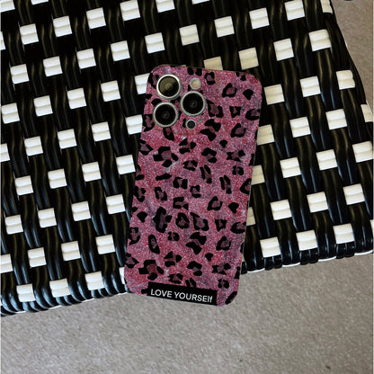 Glittery Pink Leopard Print with 'Love Yourself' Messagephone case for iPhone/16/15/14/13/12/253/Plus/Pro/Max Hot sale wholesale customizable pattern cases