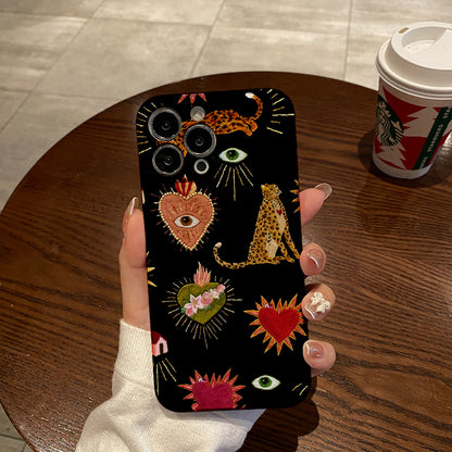 Embroidered Symbols and Animals on Black Backgroundphone case for iPhone/16/15/14/13/12/263/Plus/Pro/Max Hot sale wholesale customizable pattern cases