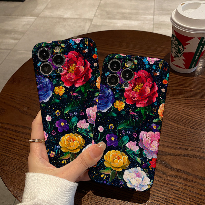 Colorful Floral Pattern on Dark Background with Glitterphone case for iPhone/16/15/14/13/12/266/Plus/Pro/Max Hot sale wholesale customizable pattern cases