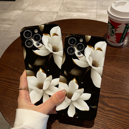 Elegant White Magnolias with Gold - accented Leaves on Black Backgroundphone case for iPhone/16/15/14/13/12/288/Plus/Pro/Max Hot sale wholesale customizable pattern cases