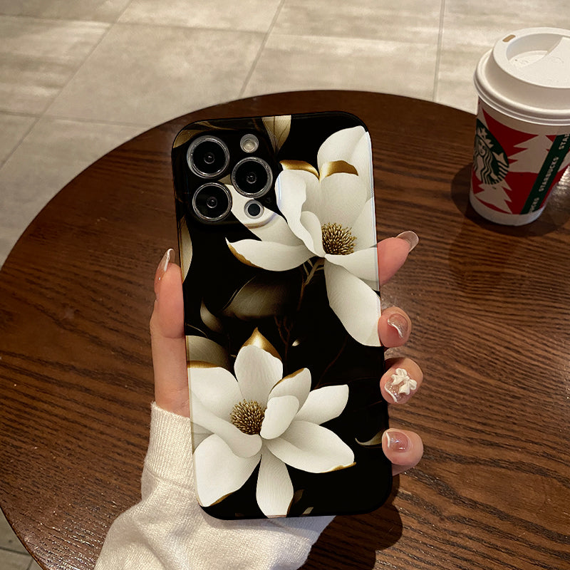 Elegant White Magnolias with Gold - accented Leaves on Black Backgroundphone case for iPhone/16/15/14/13/12/288/Plus/Pro/Max Hot sale wholesale customizable pattern cases