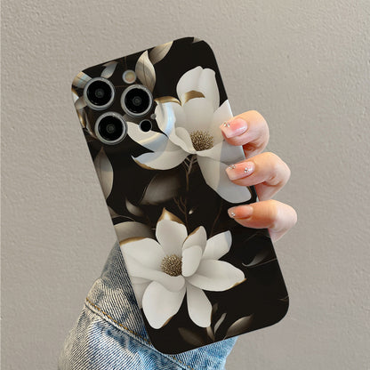 Elegant White Magnolias with Gold - accented Leaves on Black Backgroundphone case for iPhone/16/15/14/13/12/288/Plus/Pro/Max Hot sale wholesale customizable pattern cases