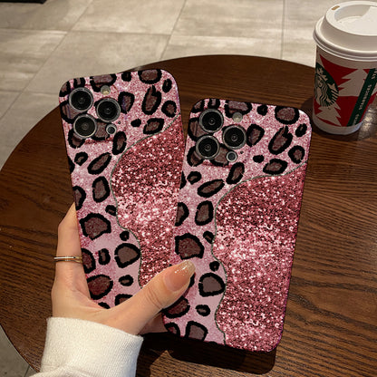 Pink Glitter with Black Leopard Print Designphone case for iPhone/16/15/14/13/12/290/Plus/Pro/Max Hot sale wholesale customizable pattern cases